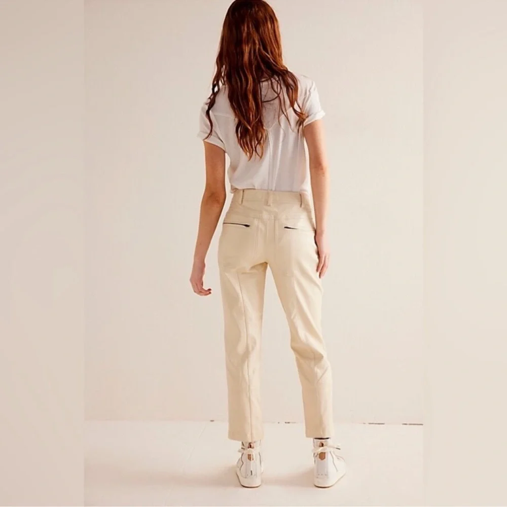 Free People We The Free Rebel Vegan Faux Leather Moto Pants Ivory‎ Cream Size 10